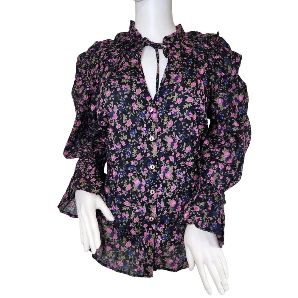 Free People womens Blouse Size S Meant To Be Smocked Floral Black Combo (20)
